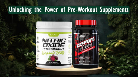 Image of two products: a can labeled 'Nitric Oxide PWO' and a container of 'Caffeine 200mg tablets', with overlay text that reads 'Unlocking the power of PWO supplements.