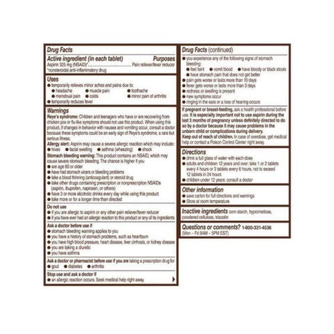 Bayer, Genuine Aspirin Pain Reliever Fever Reducer Coated Tablets, 325 Mg, 100 Count Bayer
