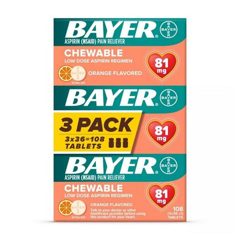 Bayer, Low Dose Aspirin Regimen Pain Reliever Chewable Tablets Orange, 81 Mg, 108 Count Bayer