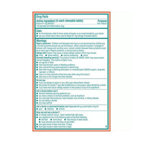 Bayer, Low Dose Aspirin Regimen Pain Reliever Chewable Tablets Orange, 81 Mg, 108 Count Bayer