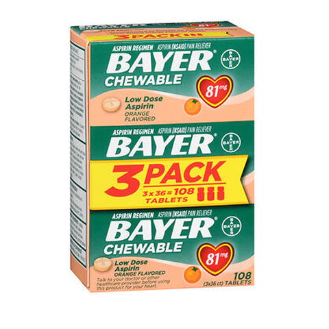 Bayer, Low Dose Aspirin Chewable Tablets Orange Flavored, 81 mg, 108 Tabs