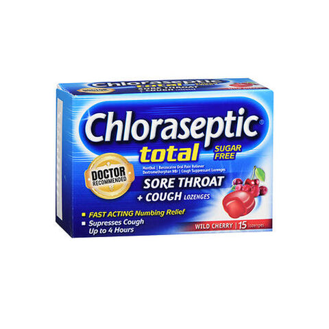 Chloraseptic, Total Sore Throat Plus Cough Lozenges Sugar Free, Wild Cherry 15 Each