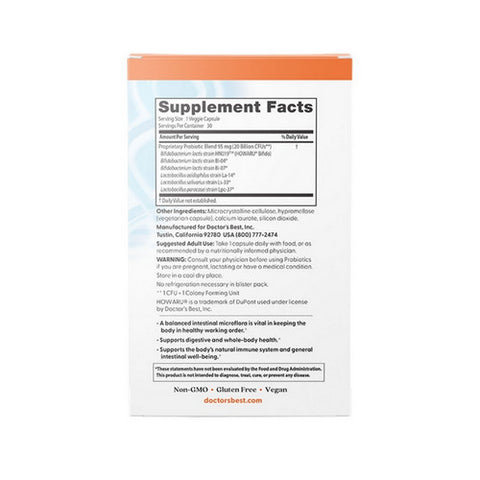 Doctors Best, Digestive Probiotic 20 Billion CFU, 30 Veggie Caps