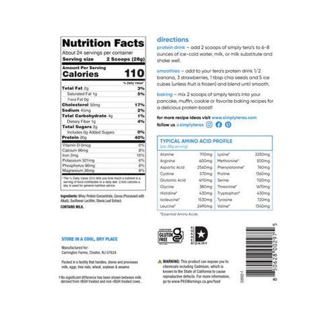 Simply Tera's, RBGH Free Whey Protein, Dark Chocolate Cocoa 24 oz Simply Tera's