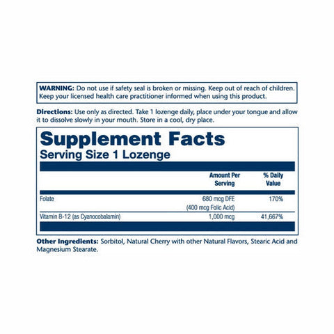 Solaray, Vitamin B-12 With Folic Acid Lozenges Natural Cherry, 1000 Mg, 90 Lozenges Solaray