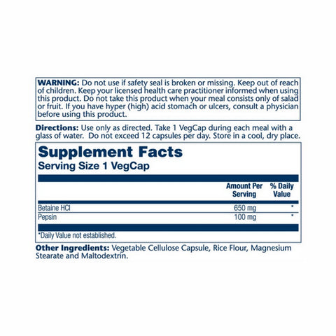 Solaray, Betaine HCI With Pepsin, 650 Mg, 100 Veg Caps