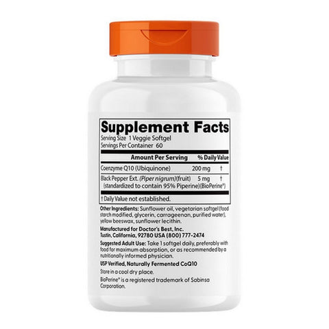 Doctors Best, High Absorption COQ10 with Bioperine, 200 mg, 60 Veggie Softgels