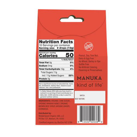 Wedderspoon, Organic Manuka Honey Drops Ginger with Echinacea, 4 Oz