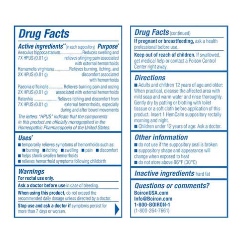 Boiron, HemCalm Suppositories Hemorrhoid Relief, 10 Count