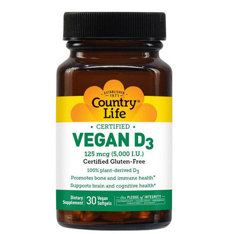 Country Life, Vegan D3, 5000 Iu, 30 Veg Softgels