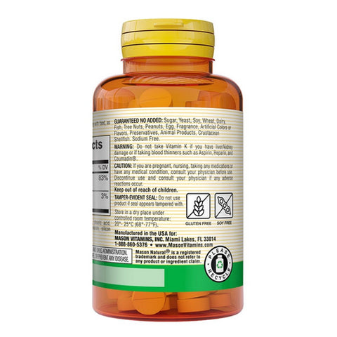 Mason Natural, Vitamin K2 With Calcium Supports Bone Health, 100 mcg, 100 Tabs
