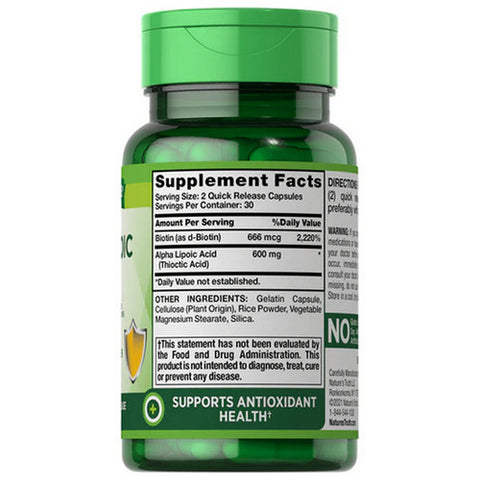 Nature's Truth, Alpha Lipoic Acid Plus Biotin Optimizer Quick Release Capsules, 600 Mg, 60 Caps