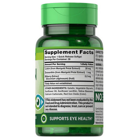 Nature's Truth, Lutein Plus Zeaxanthin & Bilberry Quick Release Softgels, 20 Mg, 39 Caps