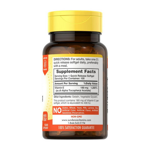 Sundance, Vitamins High Potency E Softgels, 400 IU, 100 Tabs