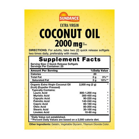 Sundance, Extra Virgin Coconut Oil Quick Release, 2000 Mg, 50 Softgels