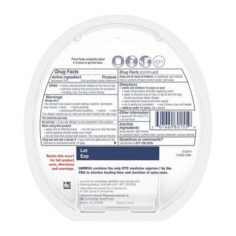 Abreva, Docosanol 10% Cold Sore Fever Blister Treatment Pump Cream, 2 Grams Abreva
