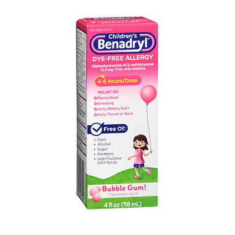 Benadryl, Children's Dye-Free Allergy Liquid Bubble Gum Flavored, 4 Oz