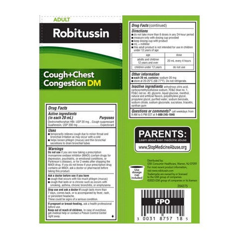 Robitussin, Adult Cough + Chest Congestion Dm Liquid, 8 Oz Robitussin