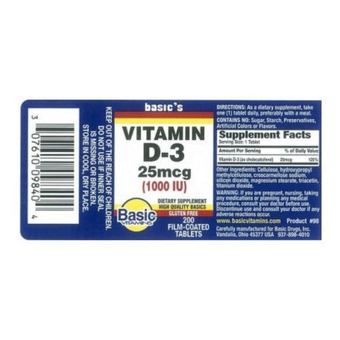 Basic Vitamins, Vitamin D-3, 1000 IU, 200 Tabs Basic Vitamins
