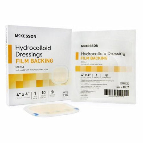 McKesson, Hydrocolloid Dressing Waterproof Film Backing 4 X 4 Inch Square 1887, Box Of 10