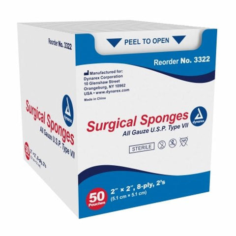 Dynarex, Gauze Sponge 2 X 2 Inch 8-Ply Sterile 3322, Case Of 30