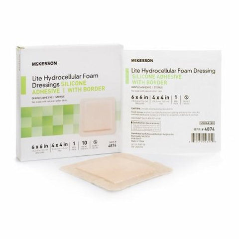 McKesson, Thin Foam Dressing 6 X 6 Inch With Border Film Backing Silicone Gel 4874, Box Of 10