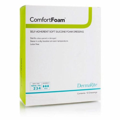 DermaRite, Silicone Foam Dressing ComfortFoam 8 X 8 Inch Square Silicone Adhesive without Border Sterile, Box Of 5