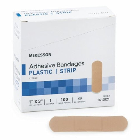McKesson, Adhesive Strip 1 X 3 Inch Plastic Rectangle Tan Sterile 16-4821, Box Of 100