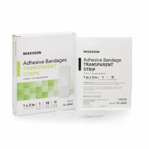 McKesson, Waterproof Adhesive Strip 1 X 3 Inch Silicone Rectangle Sheer Sterile, Box Of 10