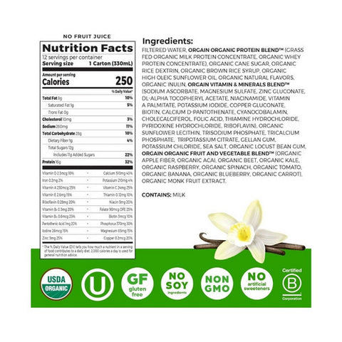Orgain, Organic Nutritional Shake Sweet Vanilla Bean Flavor, 11 Oz