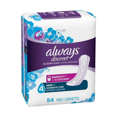 Always Discreet, Bladder Control Pad 13-1/2 Inch Length Moderate Absorbency Absorbent Gel Core, Pack Of 54