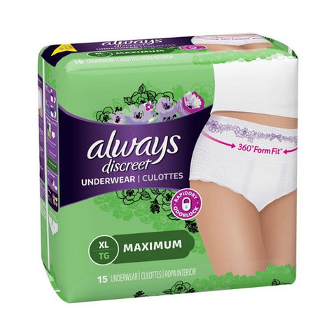 Always Discreet, Female Adult Absorbent Underwear Always  Discreet Pull On with Tear Away Seams X-Large Disposable He, Pack Of 15