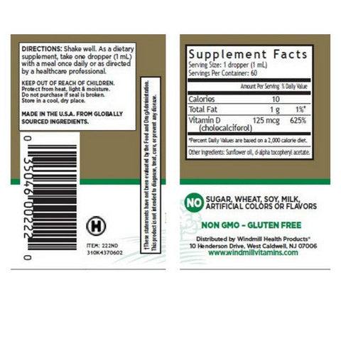 Windmill Health, Vitamin D3, 125mcg, 60 ml Windmill Health