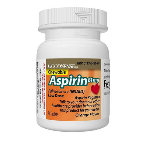 Good Sense, Chewable Aspirin, 81 mg, Orange Flavor 36 Tabs