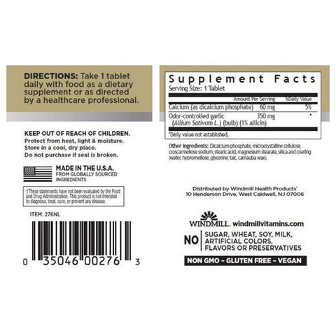 Windmill Health, Garlic Odor-Controlled, 350 mg, 100 Tabs Windmill Health