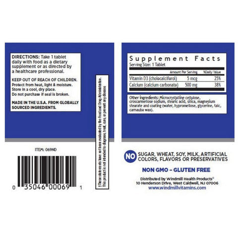 Windmill Health, Oyster Shell Calcium with Vitamin D, 500mg, 60 Tabs Windmill Health
