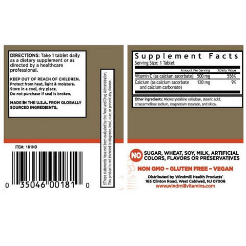 Windmill Health, Vitamin C Non-Acid, 500mg, 60 Tabs Windmill Health