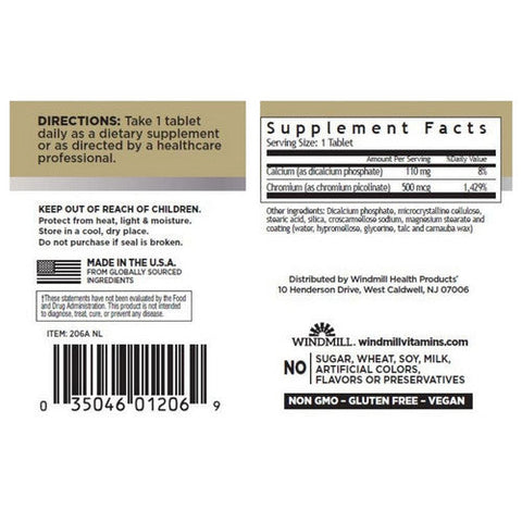 Windmill Health, Chromium as  Picolinate, 500 mcg, 60 Tabs Windmill Health