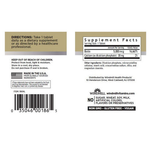 Windmill Health, Biotin, 5000mcg, 60 Tabs
