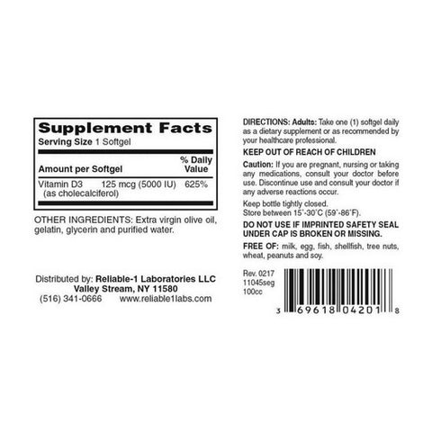Reliable1, Vitamin D3, 100 Softgels