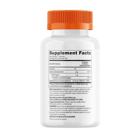 Doctors Best, Kids Vitamin D3 Gummies All Natural Fruit, 25 Mcg, 60 Pectin Gummies Doctors Best