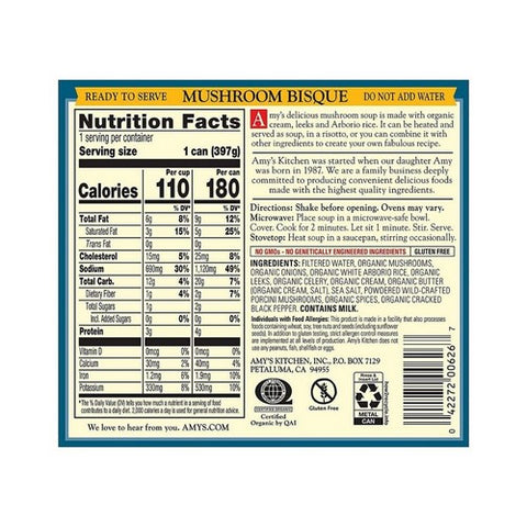 Amys, Organic Soup Mushroom Bisque With Porcini, 14 Oz