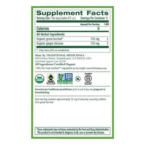 Traditional Medicinals, Organic Green Tea Ginger, 16 Bags Traditional Medicinals