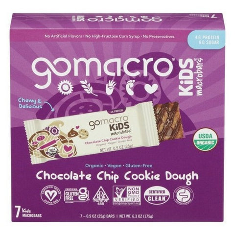 Gomacro, Kids Chocolate Chip Cookie Dough Macrobars, Case of 7 X 6.3 Oz