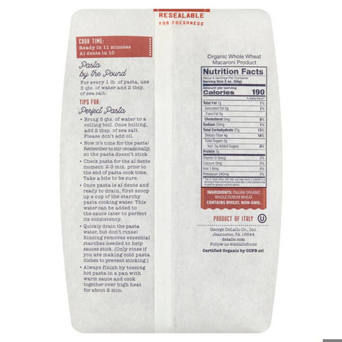 Delallo, Organic Whole Wheat Pasta Fusilli No 27, 16 Oz (Case of 8)