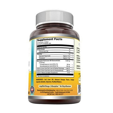 Amazing Nutrition, Amazing Omega Norwegian Cod Liver Oil Orange, 1000 mg, 250 Softgels