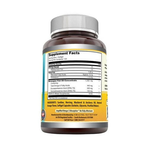 Amazing Nutrition, Amazing Omega Norwegian Fish Oil, 1250 mg, Orange 120 Softgels Amazing Nutrition