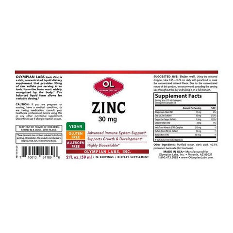 Olympian Labs, Liquid Zinc Concentrate With Ionic Trace Minerals, 30 Mg, 2 Oz Olympian Labs