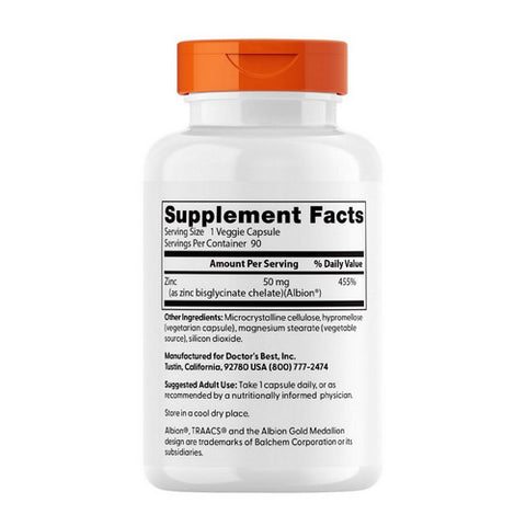 Doctors Best, High Absorption Zinc Bisglycinate, 50 mg, 90 Veg Caps