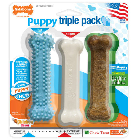 Nylabone Puppy Chew Variety Toy & Treat Triple Pack 3 count, 1 Each/SMall/Regular - Up To 25 Ibs. by Nylabone